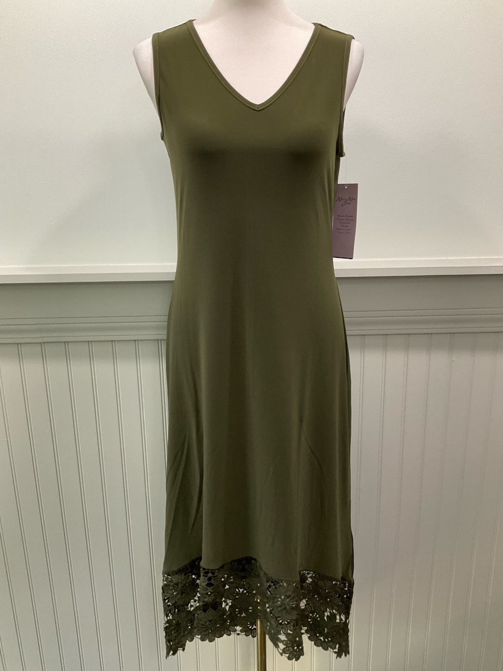 Nina Leonard Olive Green Miracle Matte Jersey Lace Hem Midi Dress S - Picture 3 of 7